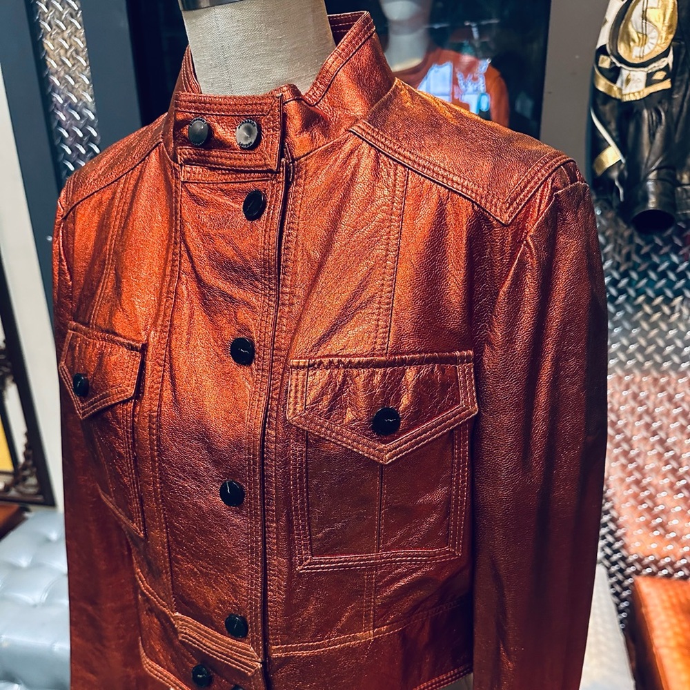 Burberry London Metallic Burnt Orange Copper Cropped Goat Leather Jacket - Picture 7 of 11
